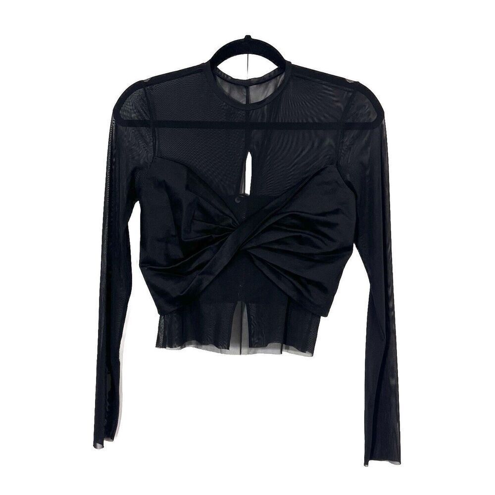 Black Mesh Long-Sleeve Twist-Front Crop Top